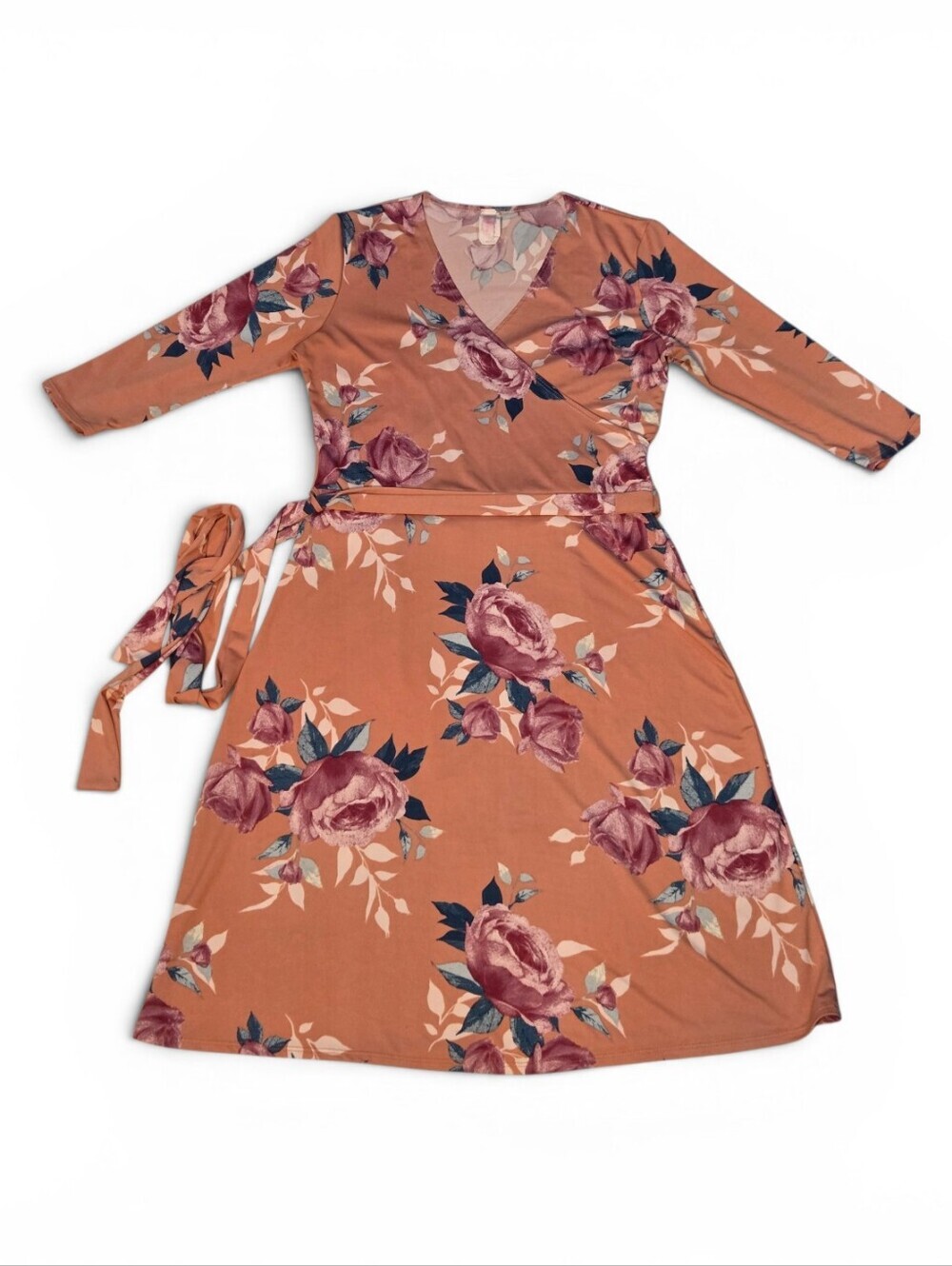 Boho Chic Floral Faux Wrap Midi Dress Modern Classic V-Neck ¾ Sleeves Size M